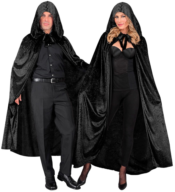 Zwarte cape met kap in fluweel, strik bij de hals, voor dames en heren