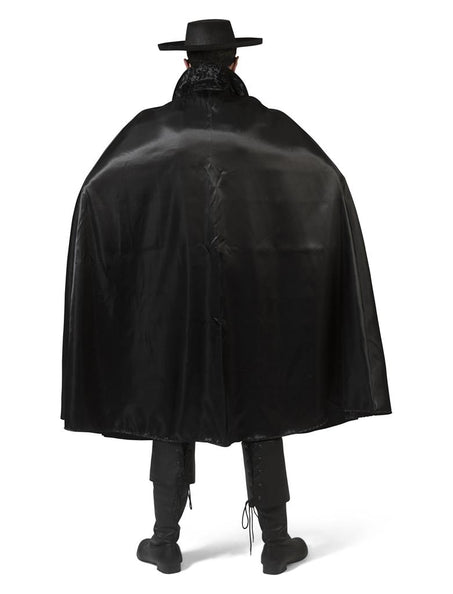 Zwarte cape Zorro met glans van achteren, ruim uitlopend met opstaande kraag