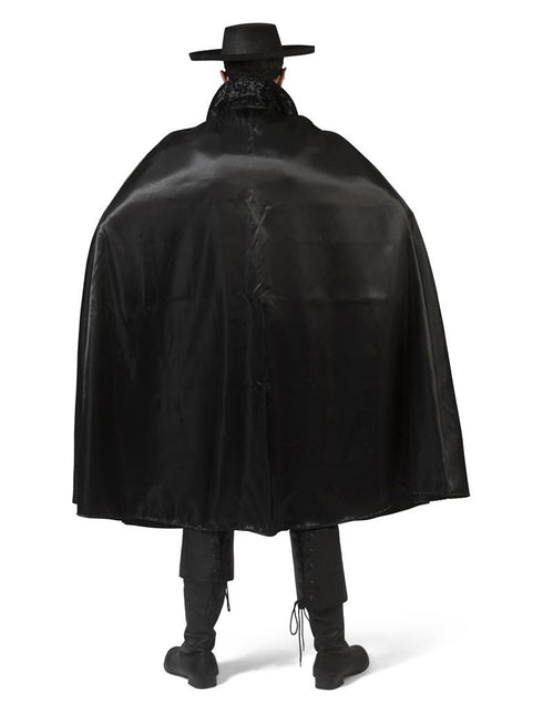 Zwarte cape Zorro met glans van achteren, ruim uitlopend met opstaande kraag