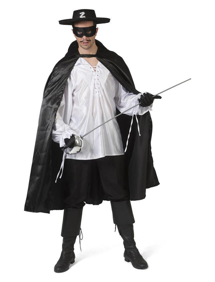 Zwarte cape Zorro met glans op model met wit hemd, glanzende zwarte stof, voor een themafeest