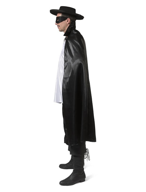 Zwarte cape Zorro met glans van opzij, glanzend zwart en vallend tot rond de knie