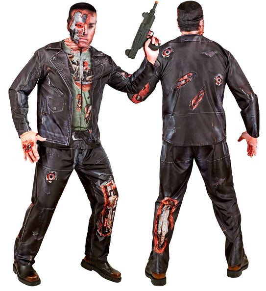 Zwarte cyborg broek met opengereten knie en zilvergrijze robotmechaniek, achterzijde met kogelgaten