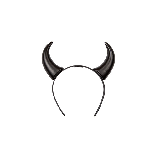 Zwarte duivelhoorntjes diadeem Satan met twee gebogen spitse hoorntjes op smalle zwarte haarband