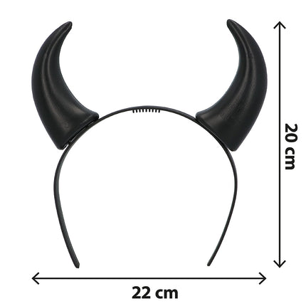 Zwarte duivelhoorntjes op smalle haarband, 20 cm hoog en 22 cm breed