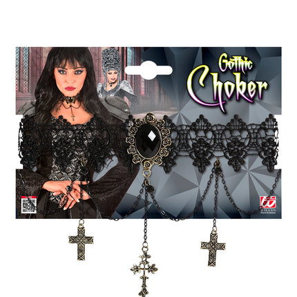 Zwarte gothic halsband met kruizen op verpakking van Widmann, met kanten band en zwart facetsteentje