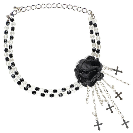 Zwarte gothic ketting met roos, choker met zwarte en heldere kralen en karabijnsluiting