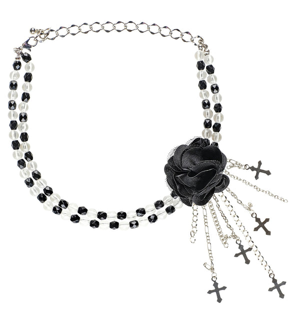Zwarte gothic ketting met roos, choker met zwarte en heldere kralen en karabijnsluiting