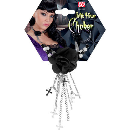 Zwarte gothic ketting met roos in de verpakking van Widmann