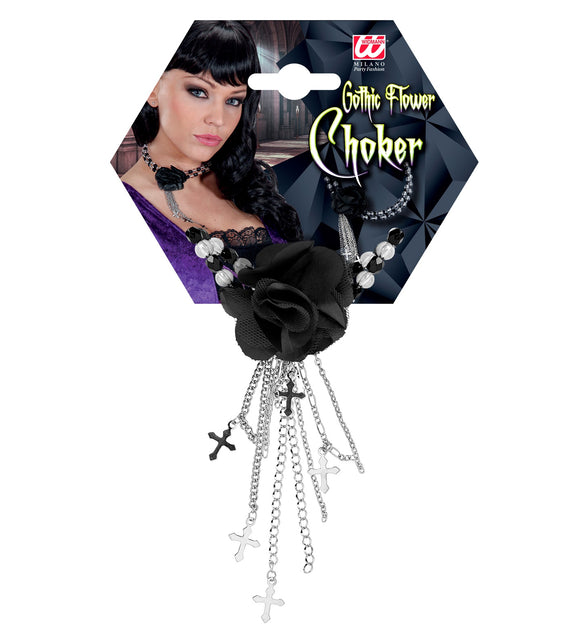 Zwarte gothic ketting met roos in de verpakking van Widmann