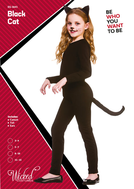 Zwarte kat pak Blacky kinderen van Wicked Costumes, verpakkingsbeeld met catsuit, staart en oren