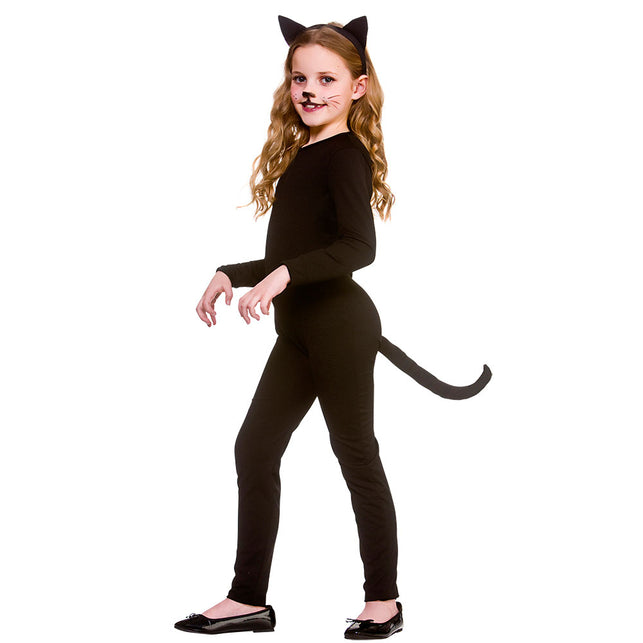 Zwarte kat pak Blacky kinderen: zwarte catsuit met lange staart en oren op diadeem, voor Halloween
