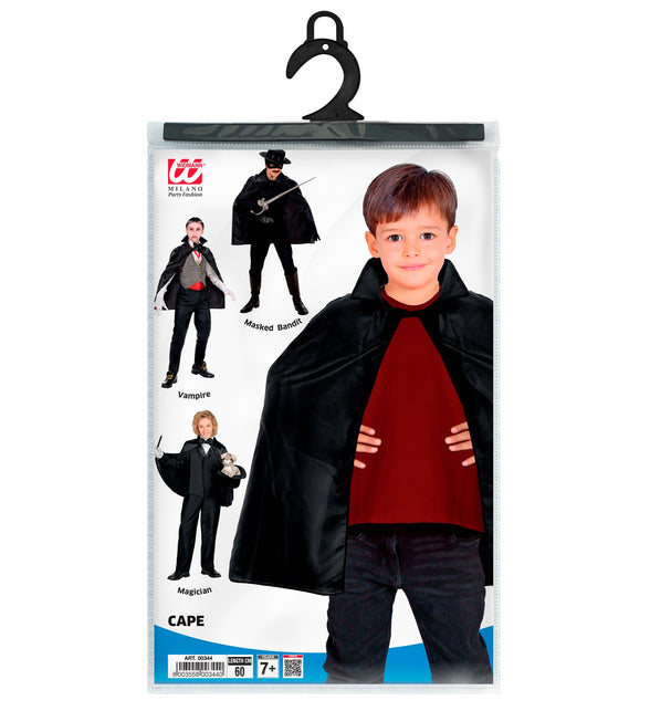Zwarte kindercape 60 cm in verpakking met voorbeeldlooks vampier, goochelaar en bandiet