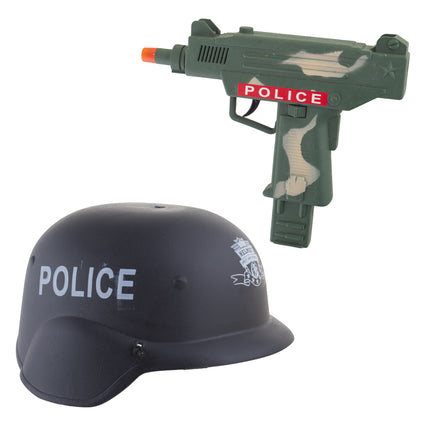 Zwarte politiehelm met embleem en legergroene camouflage-uzi met rode POLICE-sticker voor kinderen