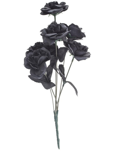 Zwarte rozen boeket met zes open rozen van stof op groene stelen voor Halloween