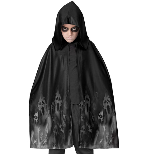 Zwarte spokencape met opgezette capuchon en schedelprint voor een Halloweenlook