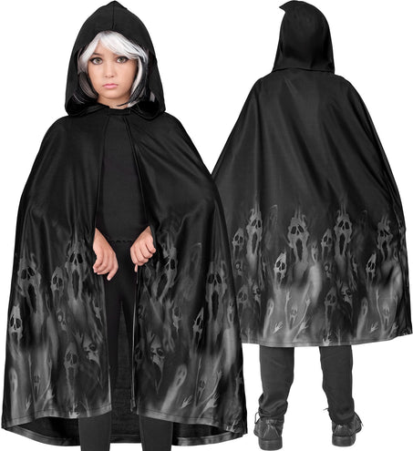 Zwarte spookcape kinderen voor- en achterkant, schedelprint langs de onderrand