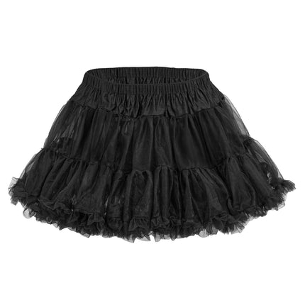 Zwarte tutu detail: brede elastische tailleband en gerimpelde tule zoom