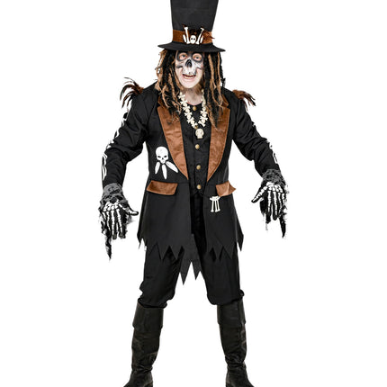 Zwarte voodoo priester jas met witte schedelprint en gerafelde zoom, vooraanzicht