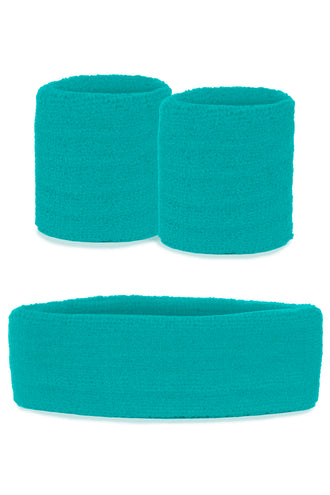 Zweetbandjes set blauw met brede hoofdband en twee polsbandjes in effen blauw ribgebreid weefsel