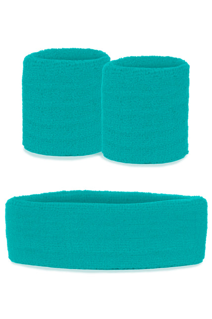 Zweetbandjes set blauw met brede hoofdband en twee polsbandjes in effen blauw ribgebreid weefsel