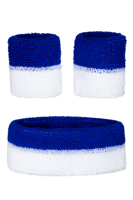 Zweetbandjes set blauw-wit met brede hoofdband en twee polsbandjes in helderblauw met wit