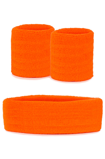 Zweetbandjes set neon oranje 3-delig met brede hoofdband en twee polsbandjes voor een jaren 80-feest