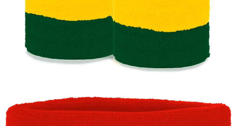 Zweetbandjes set rood geel groen 3-delig met brede hoofdband en twee polsbandjes voor carnaval