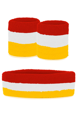 Zweetbandjes set rood wit geel met brede hoofdband en twee polsbandjes in banen voor carnaval