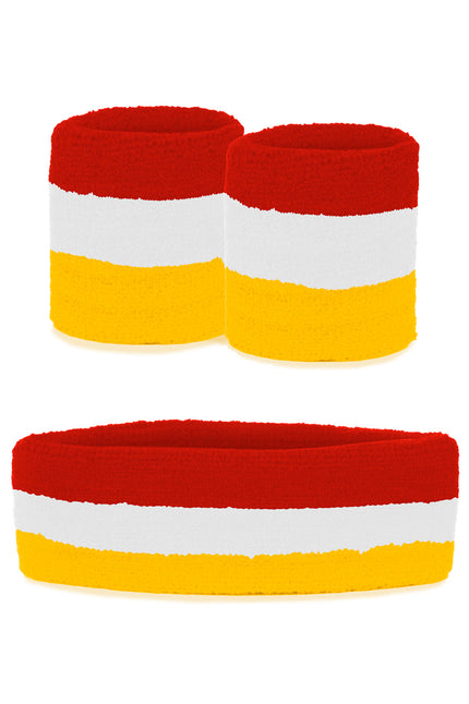 Zweetbandjes set rood wit geel met brede hoofdband en twee polsbandjes in banen voor carnaval