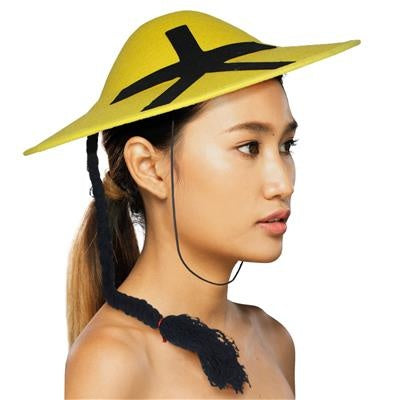 Funny Fashion Gele Chinese hoed met vlecht
