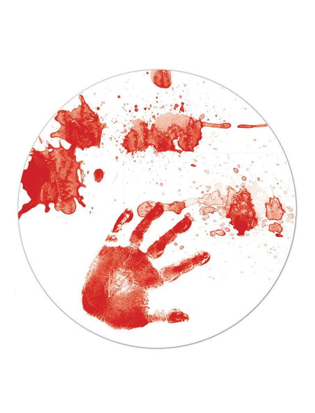 Magnetische onderzetter wit met rode bloedspetters en handafdruk, 12 cm, voor een griezelfeest met Halloween
