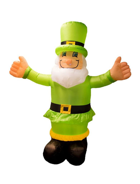 Mascotte Ierland opblaasbaar 180cm, groen Iers mannetje met hoge hoed, witte baard en duimen omhoog voor St. Patrick's Day