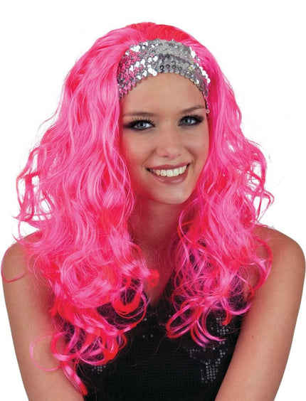 Funny Fashion Pruik go go roze met zilveren haarband