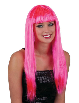 Funny Fashion Pruik lang stijl haar met pony roze/fuchsia
