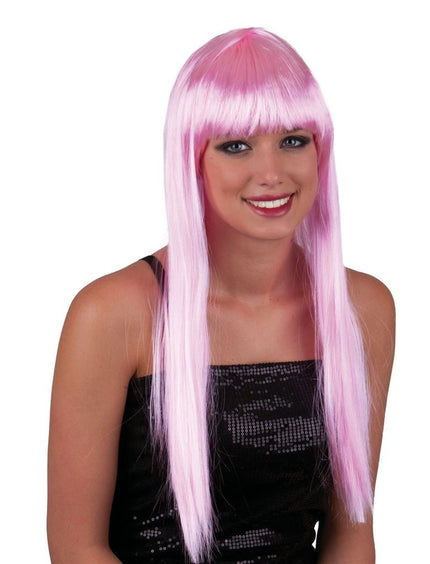 Funny Fashion Pruik lang stijl roze haar met pony