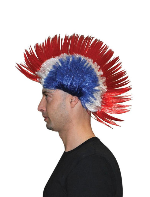 Funny Fashion Punk pruik hanekam rood wit blauw