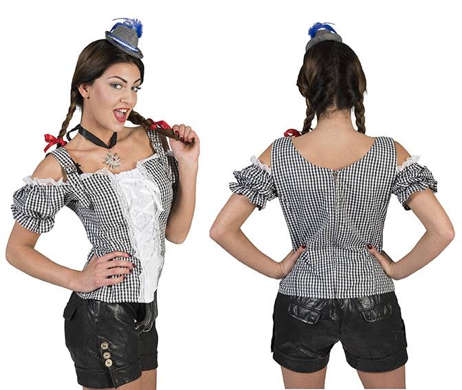 Funny Fashion Tiroler blouse dames zwart wit geblokt