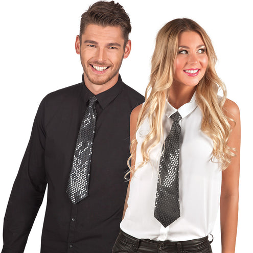 Funny Fashion Zwarte disco stropdas met pailletten