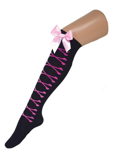 Funny Fashion Zwarte kniekous met roze botjes en roze strik