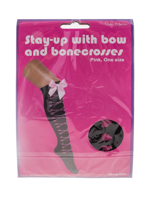 Funny Fashion Zwarte kniekous met roze botjes en roze strik