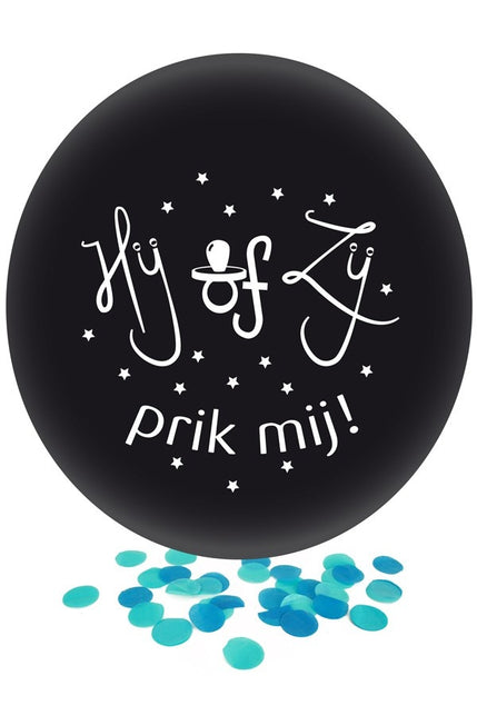 PartyXplosion Ballon HIJ OF ZIJ met blauwe confetti