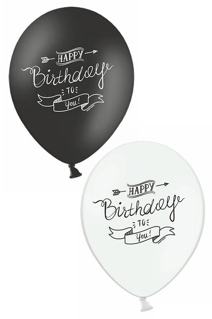 PartyXplosion Ballonnen Happy Birthday to you zwart wit 30 cm. per 6