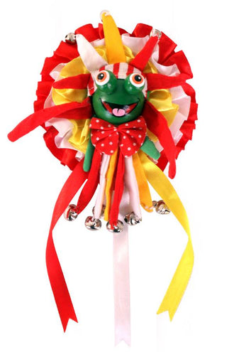 PartyXplosion Broche kikkerkop op rozet rood/wit/geel