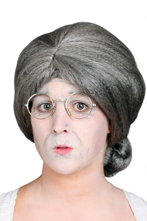 PartyXplosion Grijze oma Mila pruik met knot