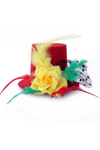 PartyXplosion Mini hoedje rood/geel/groen met roos en veren