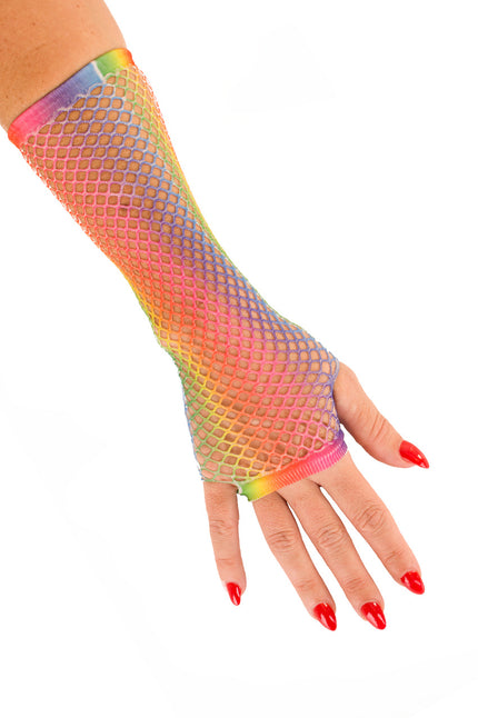 PartyXplosion Nethandschoenen lang vingerloos in regenboog