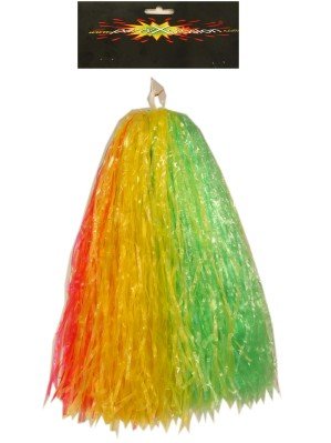 Pom pom cheerleader met ringgreep en glanzende slierten in banen van rood, geel en groen voor carnaval