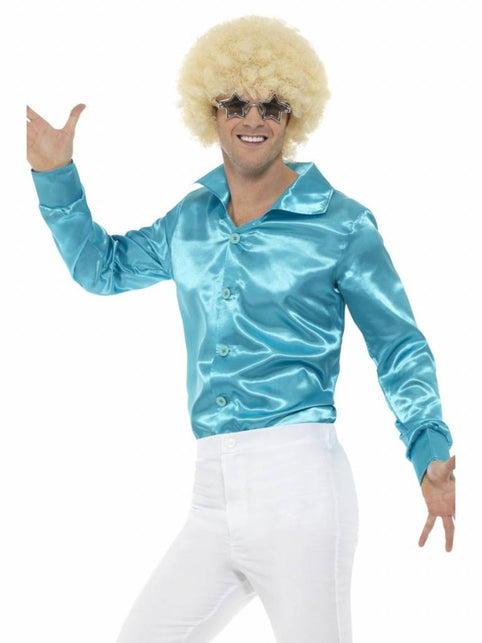 Smiffys Blauw glanzend disco shirt heren Maat Medium