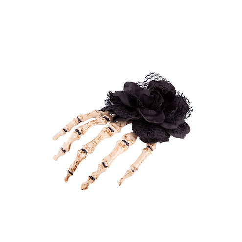 Wicked Costumes Hand skelet haarclip met zwarte roos