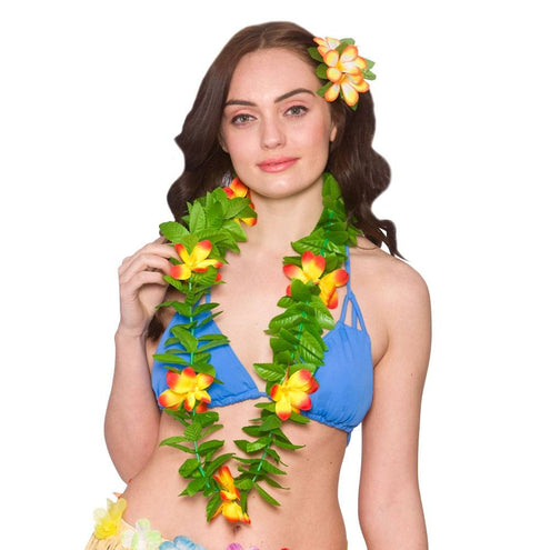 Wicked Costumes Hawaii krans met groene bladeren en bloemen